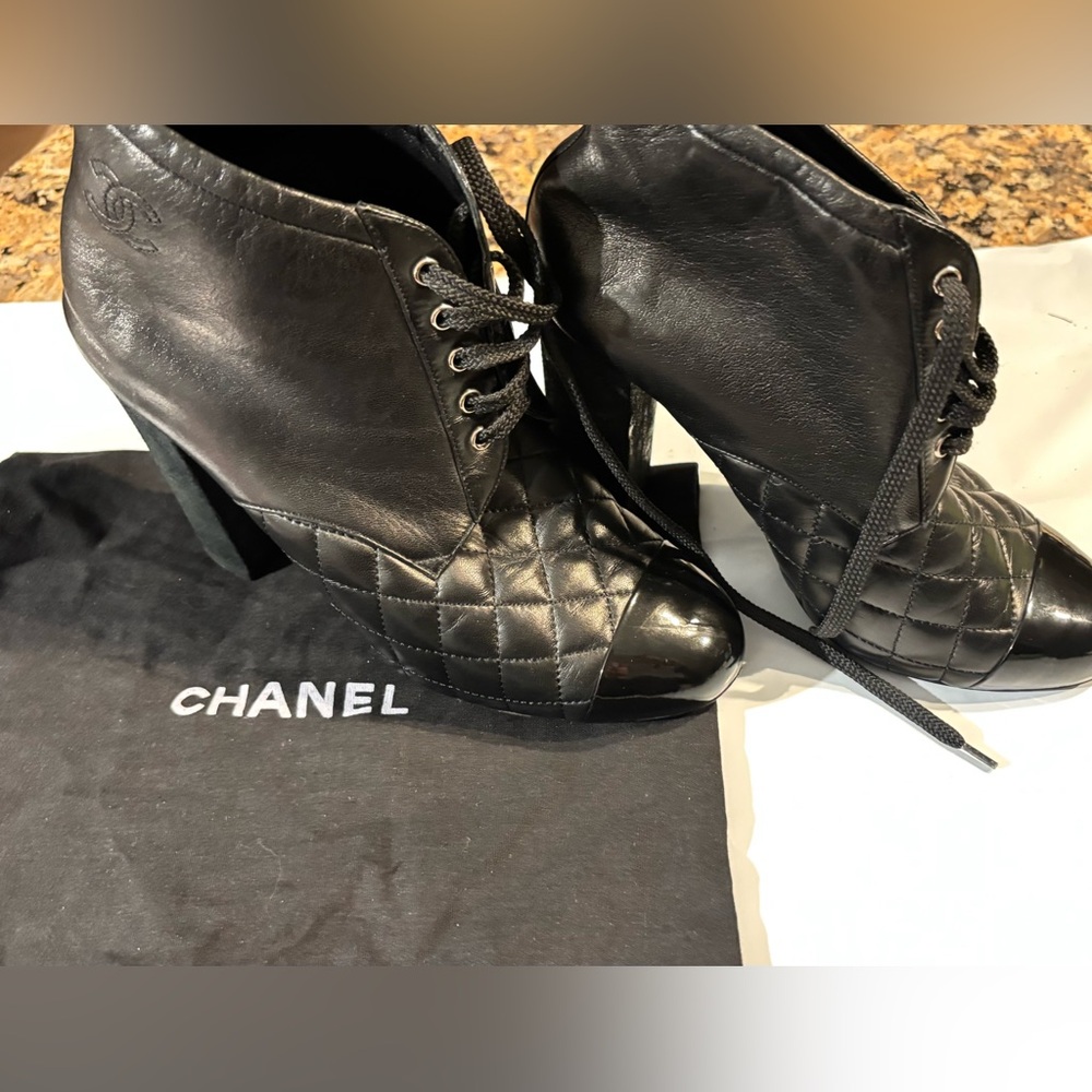 Chanel Black Quilted Women's Ankle lace up Boots Size 38.5 /8